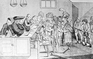 Un Bond et Jugement, Sir John Fielding présidant la Cour de Bow Street, 1779 - English School